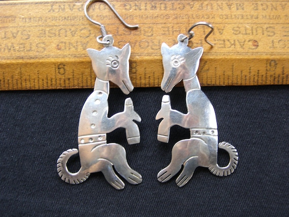 Vintage Taxco Mexico Sterling Silver Fox Earrings, Mexican Artisan Anthropomorphic animal jewelry