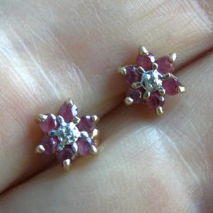May include: A pair of flower-shaped stud earrings. Each earring features a cluster of small, round, deep red gemstones arranged around a central, smaller, clear gemstone. The settings are gold-colored, and the earrings are displayed against a skin-toned background.