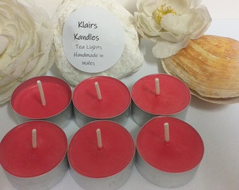 Red Tea Lights: Handmade Soy Wax, Unscented, Pack of 6
