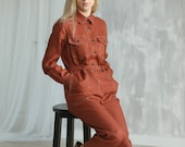 Linen jumpsuit with belt, Redwood linen jumpsuit with long sleeves, Long buttoned linen jumpsuit, Trendiest linen boilersuit