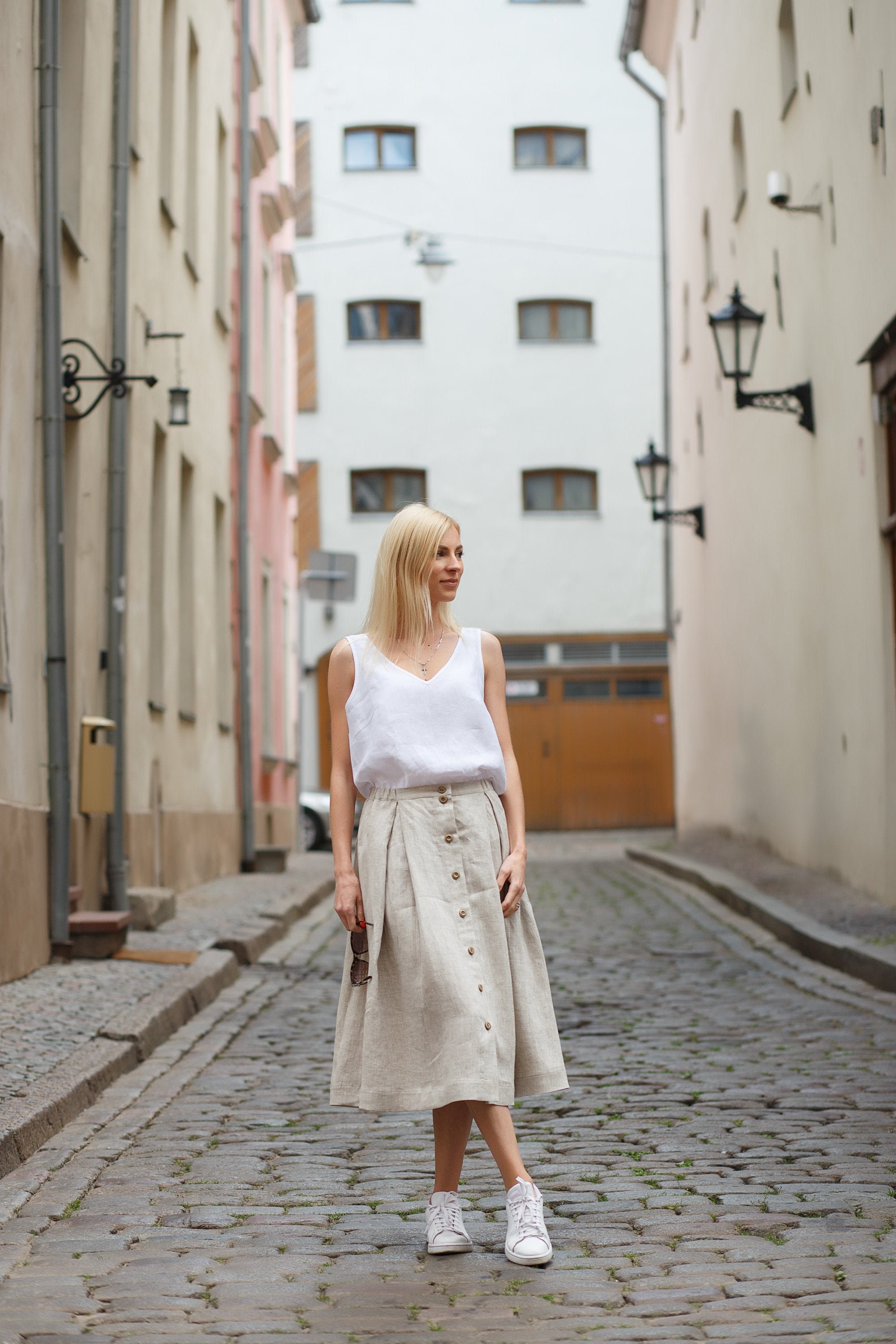 Beige linen skirt MALAGA II Midi length skirt with pockets A | Etsy