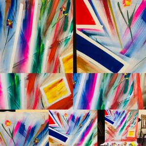 May include: Abstract painting with a colourful, layered design. The painting features a variety of colours, including red, blue, green, yellow, and pink. The colours are applied in a loose, gestural style, creating a sense of movement and energy. The painting is divided into sections, each with its own unique colour scheme and design.