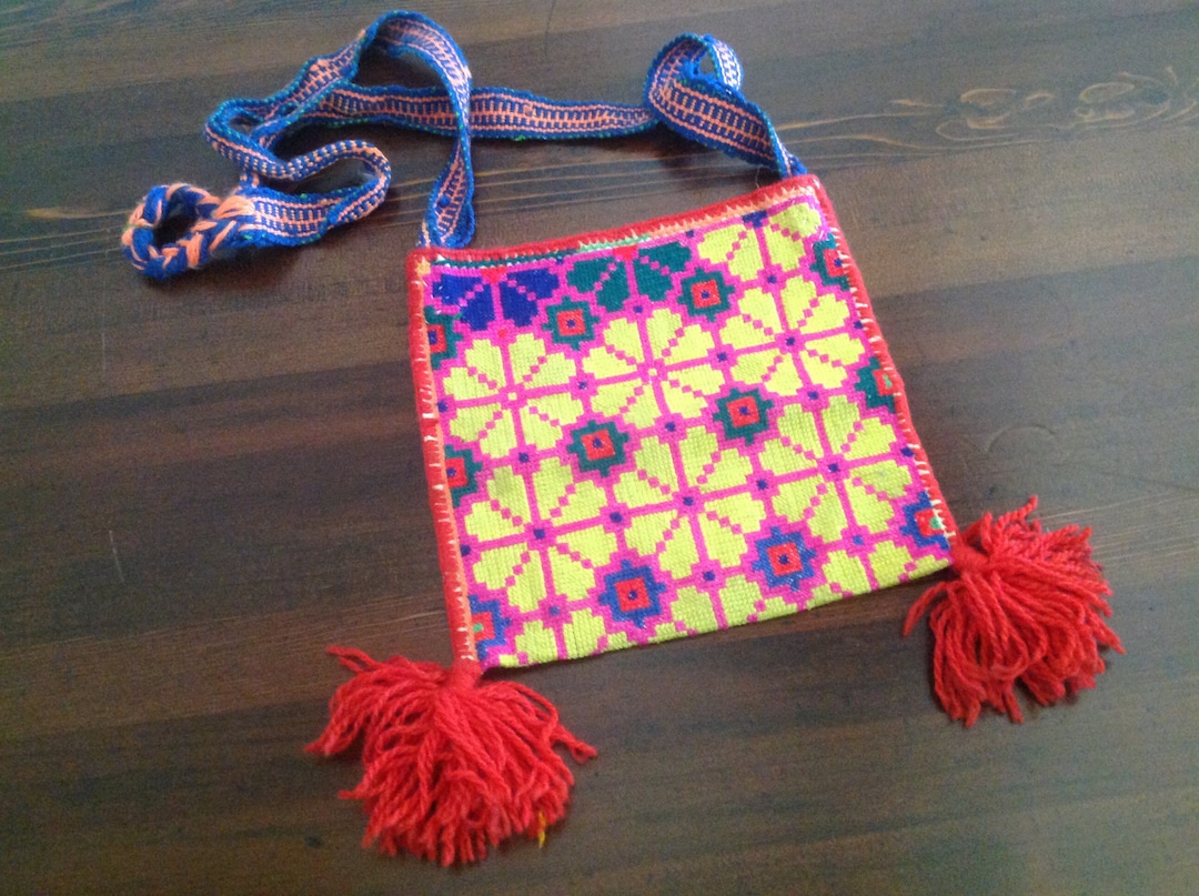 Mexican Huichol Shoulder Bag or Morral in Punto De Cruz or Cross