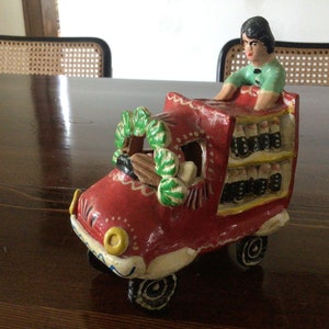 Mexican Folk Art Painted Clay Beverage Truck with Driver and Delivery Man