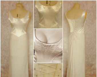 Petit Vintage Designer Long Ivory Flat Corset Basque Dress XL Uk 16 US 12 EU 44 Dawn Stretton 90s Y2K Prom Wedding Cocktail Bridal  Party