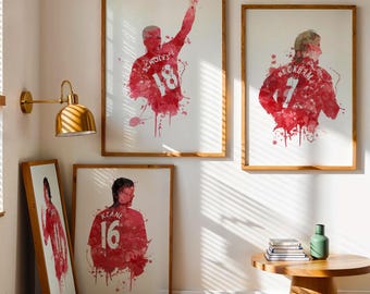 Red Devils World Class Midfield Art Prints Set Of 4, Football Art, Mancave Decor, Manchester United, Footy, Beckham, Scholes, Giggs, Keane