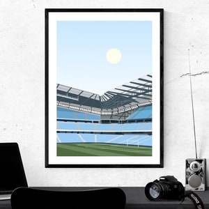 City Of Manchester Stadium - Man City Stadium Print Artwork The Citizens, Impressão artística minimalista Design de estádio de futebol, Blue Moon, Eastlands