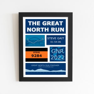 May include: A blue and white poster with the text "The Great North Run" and a map of the race route. The poster also includes the runner's name, race number, and finish time. The text "GNR 2022" is also included.