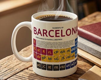 Barcelona Mug | Elements of Barca Periodic Table | Legendary Players & Managers | 11oz Ceramic Football Mug | Dishwasher Safe