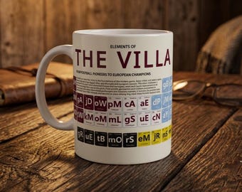Aston Villa Mug | Elements of The Villa Periodic Table | Legendary Players & Managers | 11oz Ceramic Football Mug | Dishwasher Safe