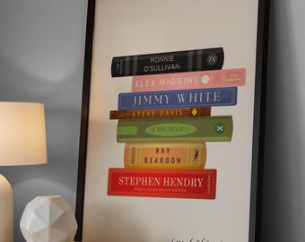 Snooker Legends Book Stack Print | O’Sullivan Hendry Davis Reardon Higgins | World Champions Snooker Wall Art | Gift for Snooker Fan