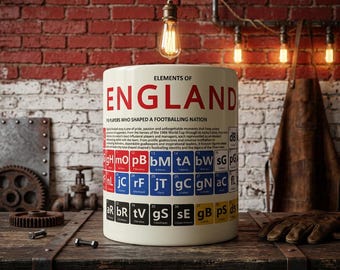 England Mug | Elements of England Periodic Table | Legendary Players & Managers | 11oz Ceramic Football Mug | Dishwasher Safe
