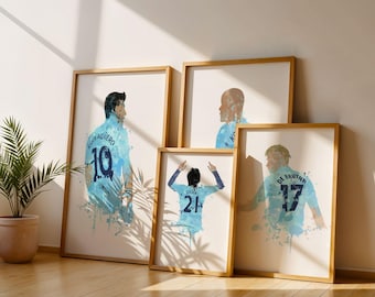 Man City Inspired Art Prints Set Of 4 Club Legends, Football Art, Mancave Decor, Manchester City, Footy, Kompany, Aguero, Silva, De Bruyne