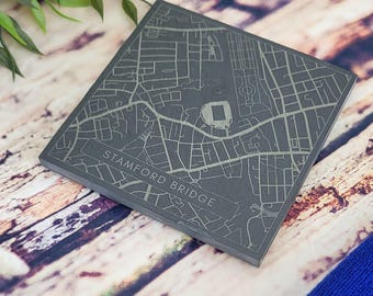 Stamford Bridge Slate Coaster | Map Print Etched Gift | Chelsea | Supporters Gift | West London Local Present | New House Coaster