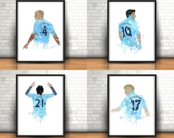 Man City Inspired Art Prints Set Of 4 Club Legends, Football Art, Mancave Decor, Manchester City, Footy, Kompany, Aguero, Silva, De Bruyne