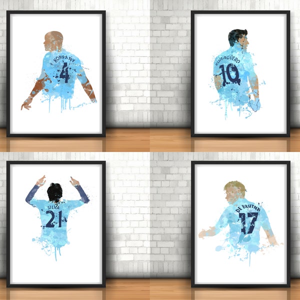 Man City Inspired Art Prints Set Of 4 Club Legends, Football Art, Mancave Decor, Manchester City, Footy, Kompany, Aguero, Silva, De Bruyne