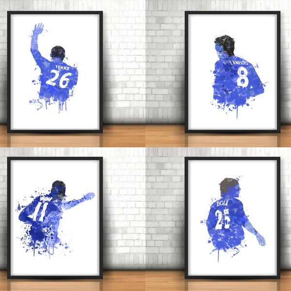 Chelsea Legend Art Prints Set Of 4, Football Art, Mancave Decor, Boys Room Decor, The Blues, Footy, Terry, Lampard, Drogba, Zola