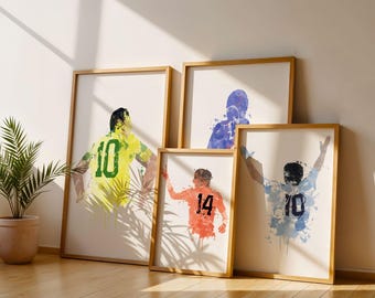 Football's Greatest Art Prints Set Of 4, Football Art, Mancave Decor, Boys Room Decor, Pele, Diego Maradona, Johan Cruyff, Zinedine Zidane