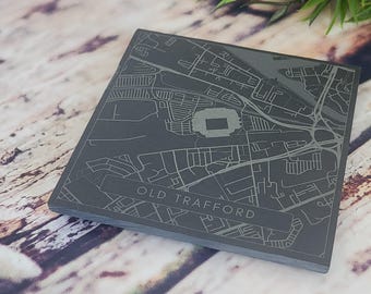 Old Trafford Slate Coaster | Map Print Etched Gift | Manchester | Supporters Gift | Salford Local Present | New House Coaster