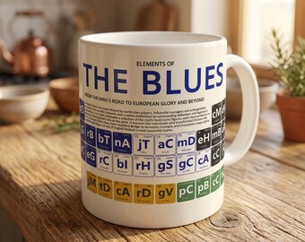 Chelsea Mug | Elements of The Blues Periodic Table | Legendary Players & Managers | 11oz Ceramic Football Mug | Dishwasher Safe