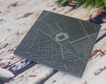 Anfield Slate Coaster | Map Print Etched Gift | Liverpool | Supporters Gift | Scouse Local Present | New House Coaster