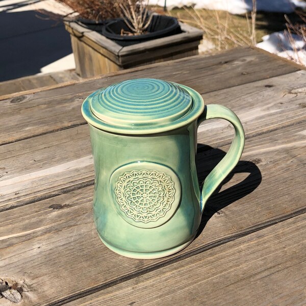 Large stoneware cup with tea diffuser and lid / stamped design / celadon glaze /  ceramic  / wheel thrown / hand made