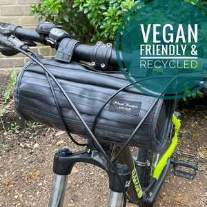 Handlebar bike bag, burrito bike bag, waterproof bike bag, recycled bike bag, touring bike bag, vegan bike bag