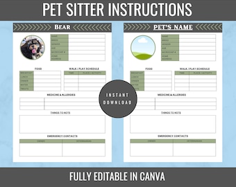 Pet Sitter Instructions, Pet Sitter Checklist, Pet Boarding, Pet Care, Pet Sitter Printable, Pet Sitter, Vacation documents, EDITABLE, Canva