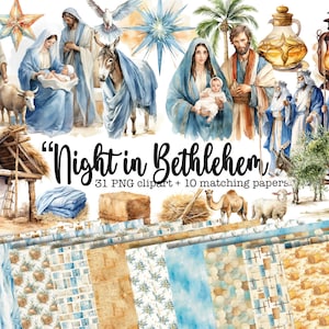 Pacote de clipart de natividade, ilustração de nascimento de Jesus em aquarela, desenhos de Natal de Belém, clipart de homens sábios de Maria José, clipart cristão