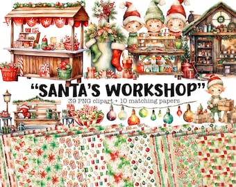 Santa’s Workshop Clipart Bundle, Watercolor Christmas Illustration, Elf Christmas Designs, Gifts and Toy Making, Elves Clipart, Clip Art