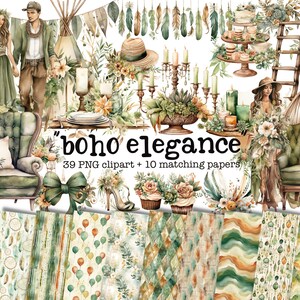 Boho acuarela Clip Art, imágenes prediseñadas digitales, diseño Boho, imágenes prediseñadas y papel de patrón Boho de tono neutro, ilustraciones en tonos verdes y tierra