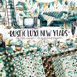 Nieuwjaar clipart bundel, aquarel 2024 illustratie, rustieke partij clipart, aquarel Teal illustraties, 2024 clipart, Nieuwjaar illustraties