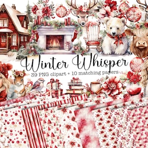 Winter clipart bundel, aquarel kerst illustratie, bloem kroon dieren, aquarel cabine, december clipart, aquarel clipart-bestanden