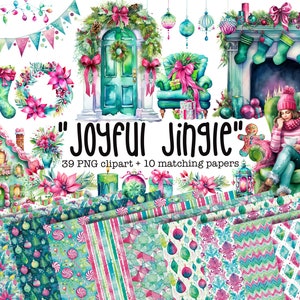 Kleurrijke kerst clipart bundel, aquarel peperkoek illustratie, roze heldere kerst ontwerpen, vrolijk en helder, boom clipart