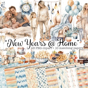 Nieuwjaar clipart bundel, familie thuis 2024 illustratie, game night clipart, aquarel illustraties, 2024 clipart, familie clip art