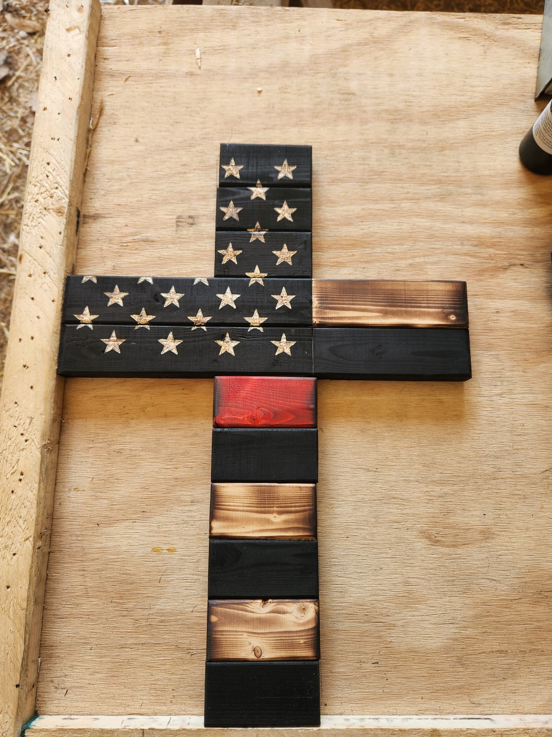 Thin Line Wooden American Flag Cross Etsy