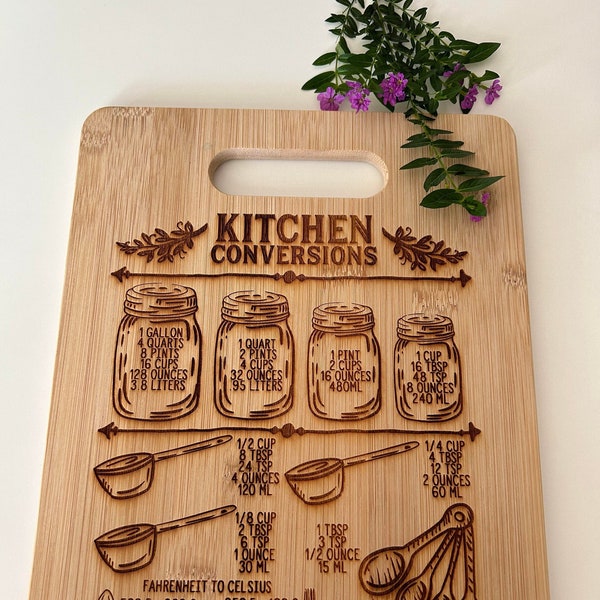 Kitchen Conversions Cutting Board w/ Handle, Custom Wooden Cutting Board, Laser Engraved Bamboo, Mason Jar, Temperature/Volume Conversions