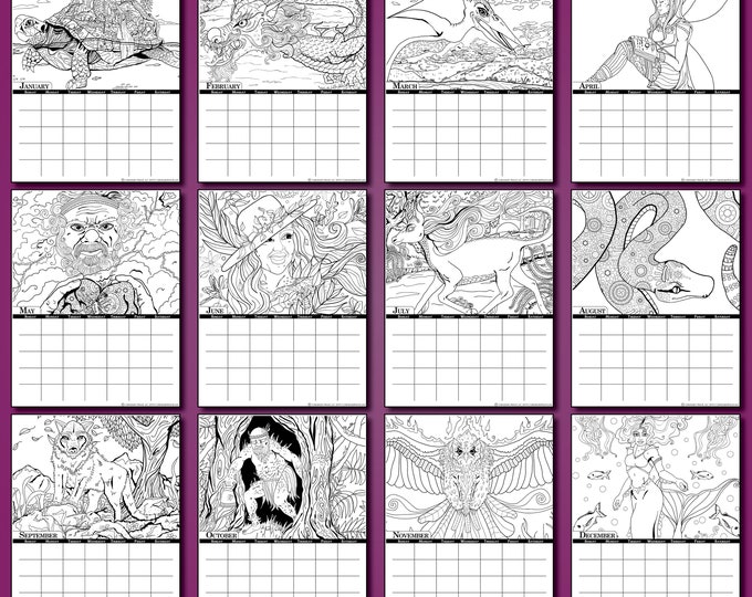 Coloring Calendar: Mythical Creatures (Blank dates - 3 print sizes)
