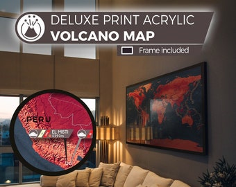 Deluxe Volcano World Map printed on crystal acrylic glass and framed.