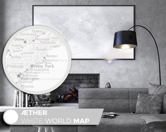 Æther White Map, Customizable All White artistic world map, Customizable map, Decoration
