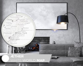 Æther White World Map, Customizable Topographic Art Print