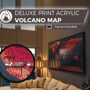 Mappemonde Deluxe des Volcans, imprimé sur cristal PMMA et encadrée en caisse américaine.