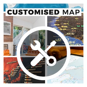 May include: A white circle with a wrench and screwdriver crossed inside. The background is a collage of different maps and interior design images. The text "CUSTOMISED MAP" is at the top of the image.