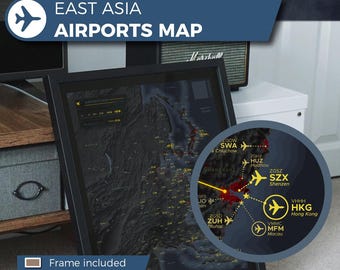 Asia Airport Map, Aviation Art, Pilot Gift