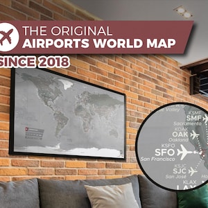 Airport World Map, de originele, unieke en op maat gemaakte kaart met meer dan 700 grote luchthavens.