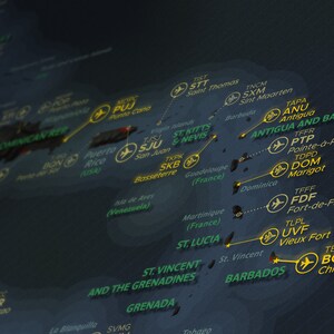 May include: A map of the Caribbean islands with yellow and green text highlighting the names of the islands and their airport codes. The map shows the islands of Puerto Rico, Dominican Republic, Antigua and Barbuda, St. Kitts and Nevis, St. Lucia, St. Vincent and the Grenadines, Barbados, and Grenada.