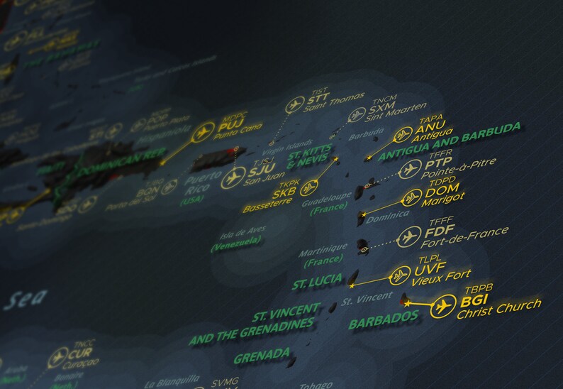 May include: A map of the Caribbean islands with yellow and green text highlighting the names of the islands and their airport codes. The map shows the islands of Puerto Rico, Dominican Republic, Antigua and Barbuda, St. Kitts and Nevis, St. Lucia, St. Vincent and the Grenadines, Barbados, and Grenada.