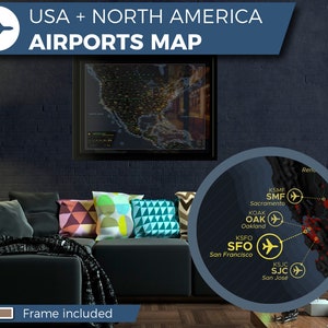 Carte des Aéroports - Amérique du Nord, une magnifique carte du monde, unique représentant les principaux aéroports d'Amérique du Nord