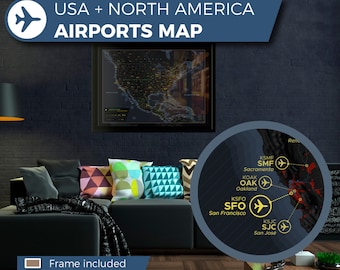 US Airport Map, a unique and customised map with all major airports in the USA and North America