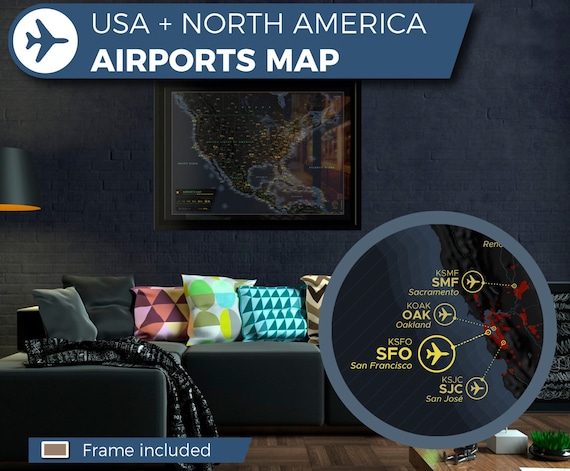 North America Airport Map, Aviation Art, Pilot Gift